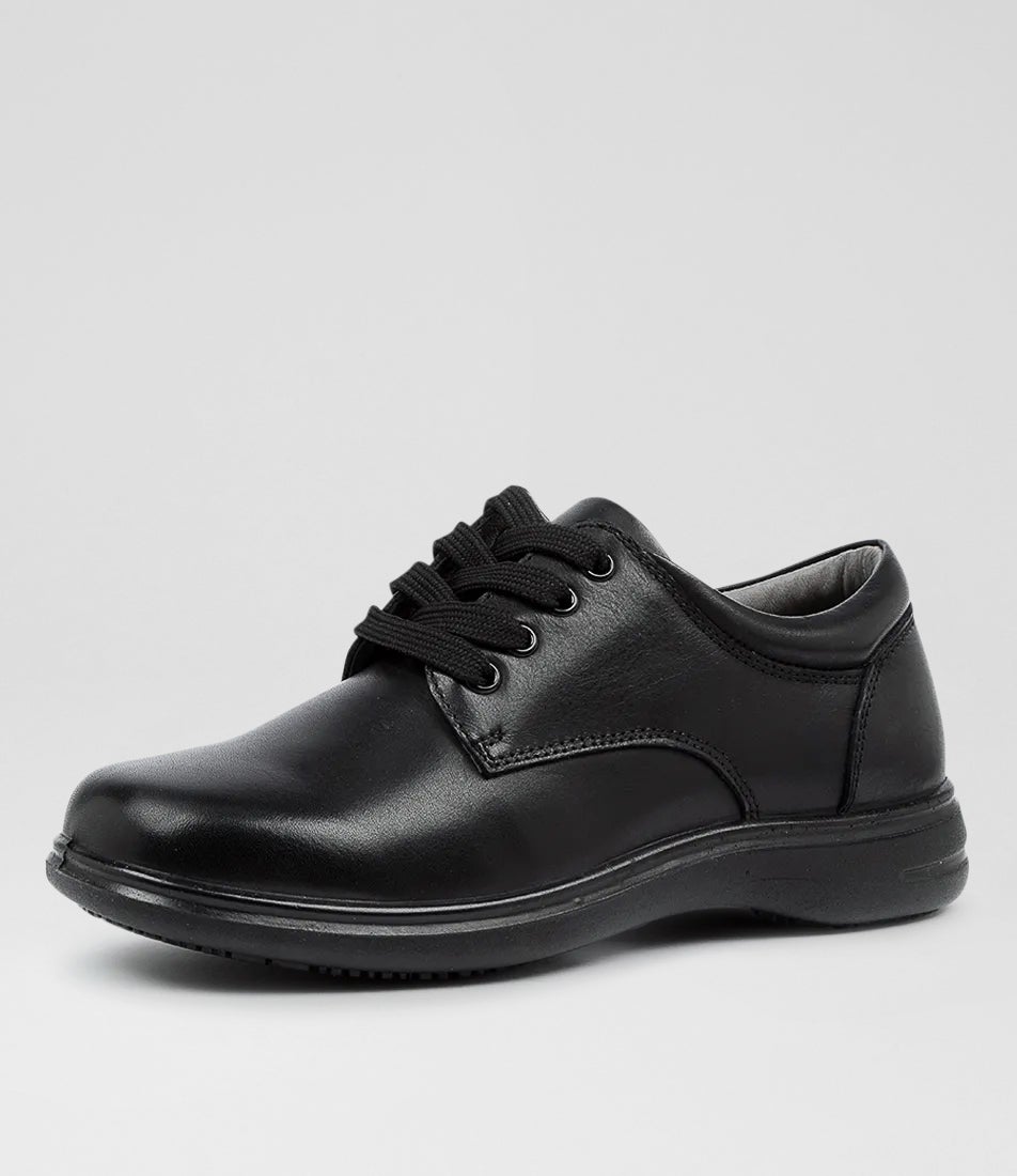 Grace Jnr E Black Leather Lace Up Flats
