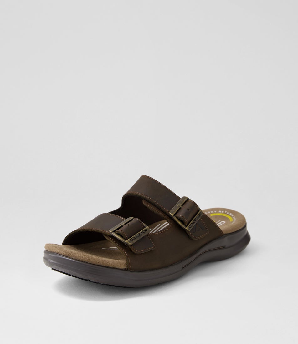 Iza Brown Crazyhorse Leather Slides Iza Brown Crazyhorse Leather Slides