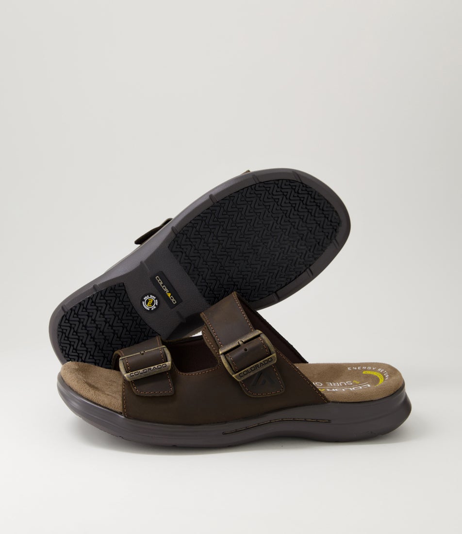 Iza Brown Crazyhorse Leather Slides Iza Brown Crazyhorse Leather Slides