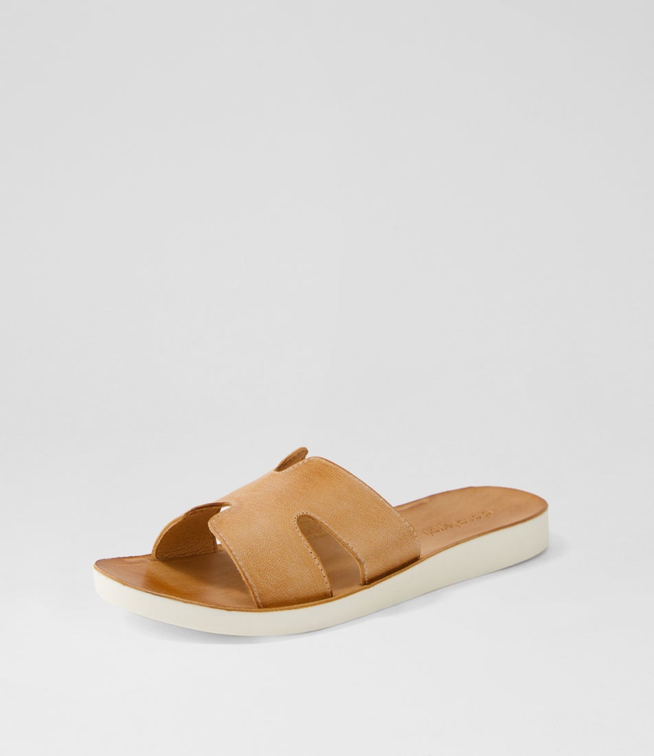 Nokker Dark Tan White Leather Slides