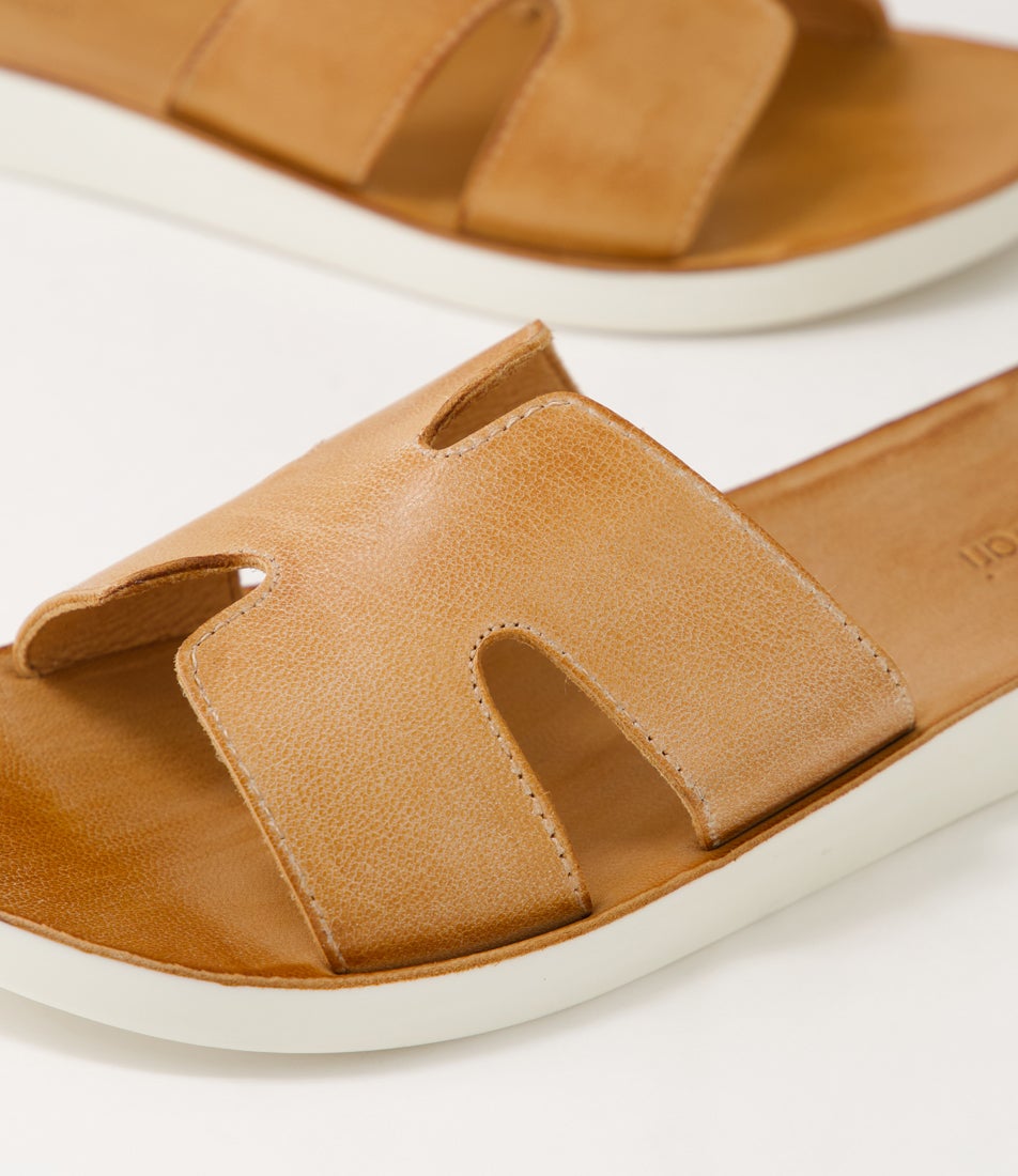 Nokker Dark Tan White Leather Slides