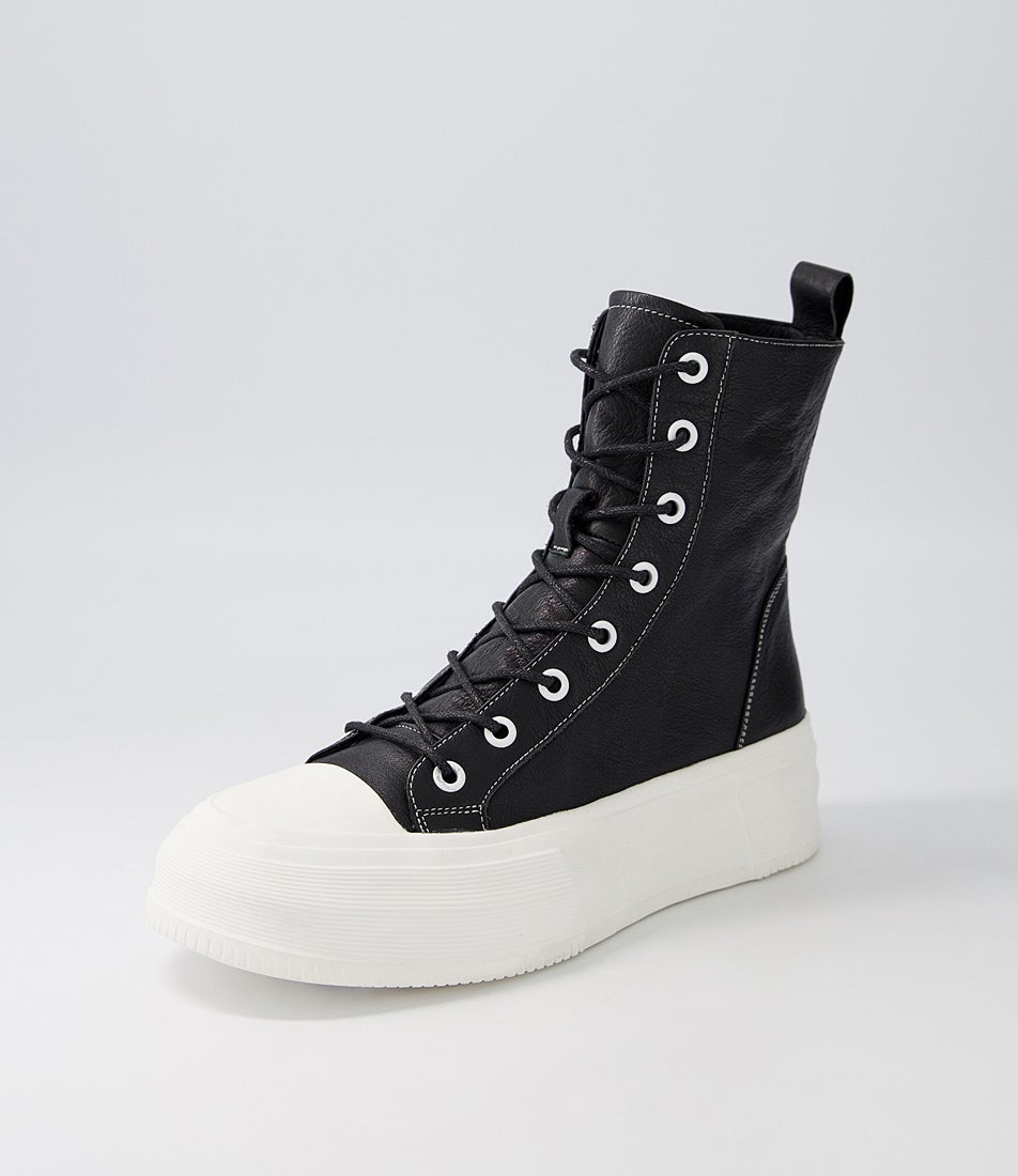 Aggie Black White Leather Stitch Ankle Boots