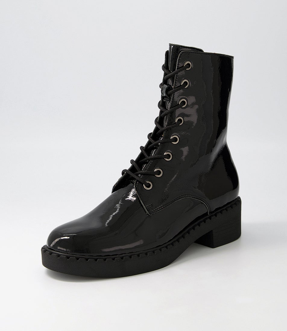 Xetie Black Patent Leather Lace Up Boots