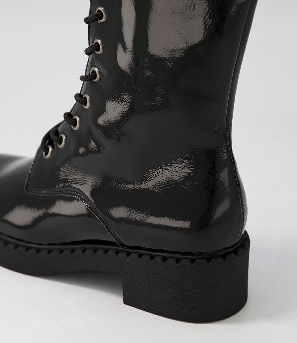 Xetie Black Patent Leather Lace Up Boots