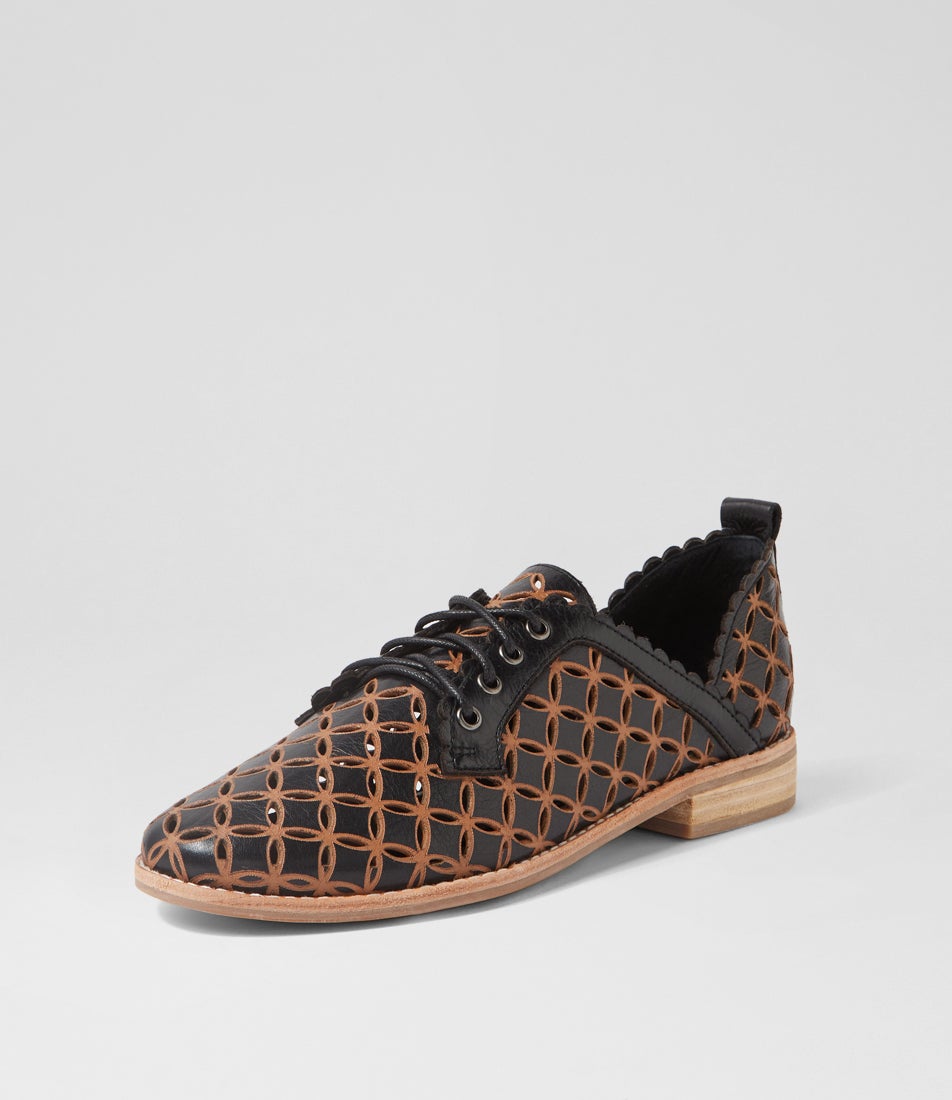 Allosier Black Tan Leather Lace Up Flats