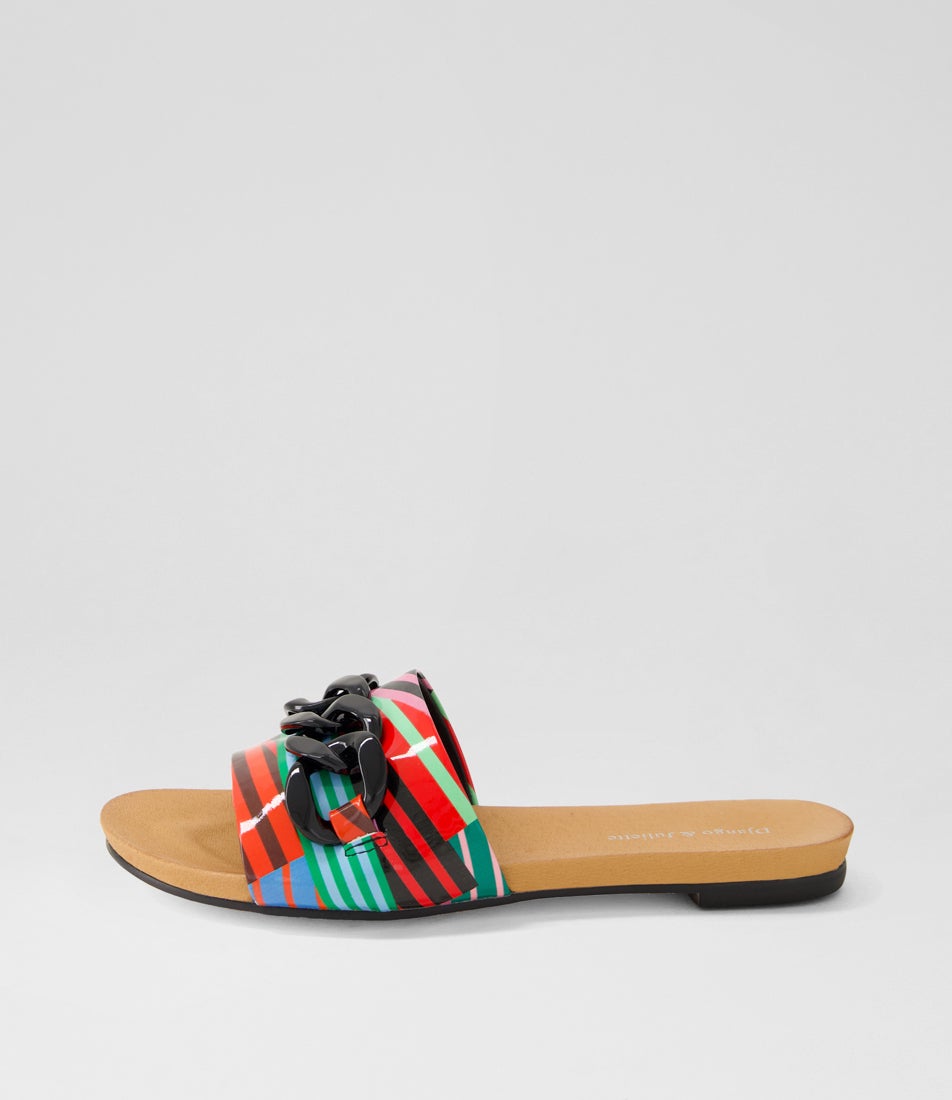 Jacacias Black Stripe Multi Patent Leather Slides