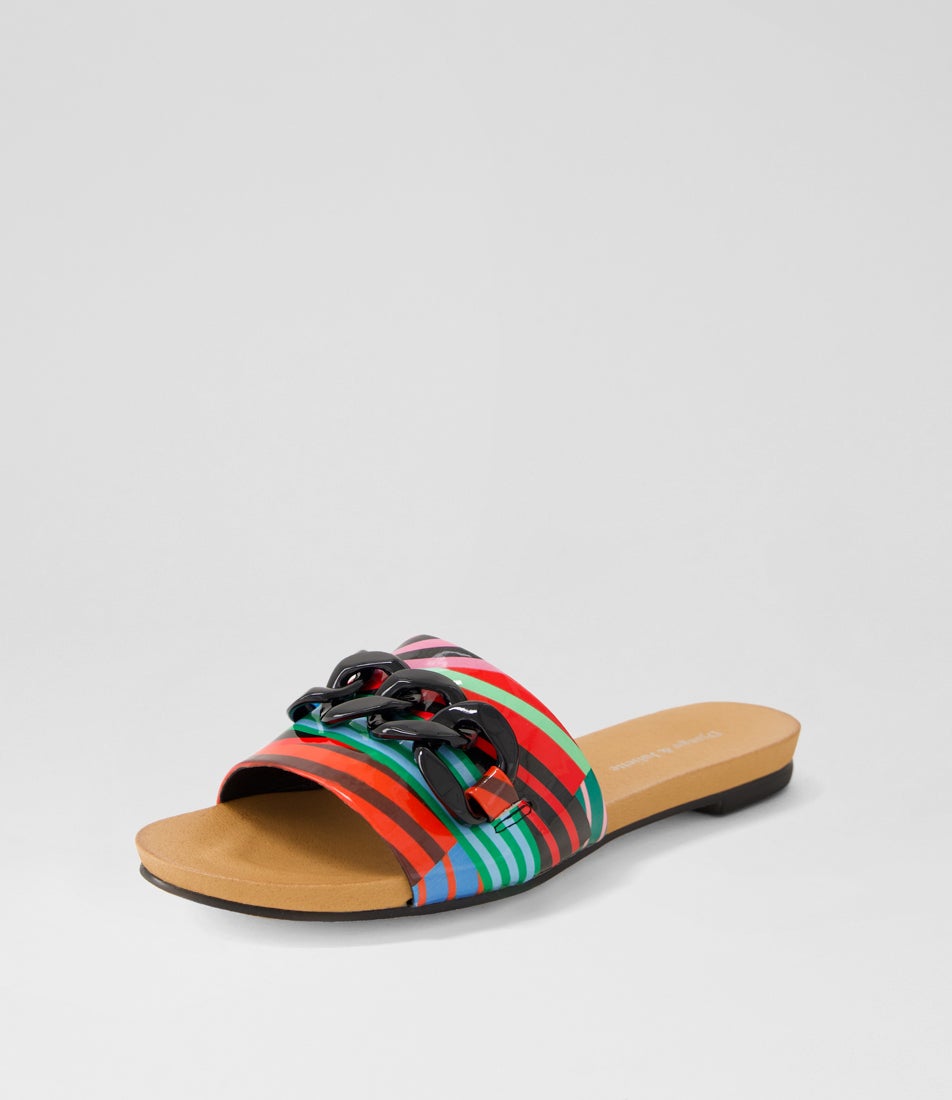 Jacacias Black Stripe Multi Patent Leather Slides