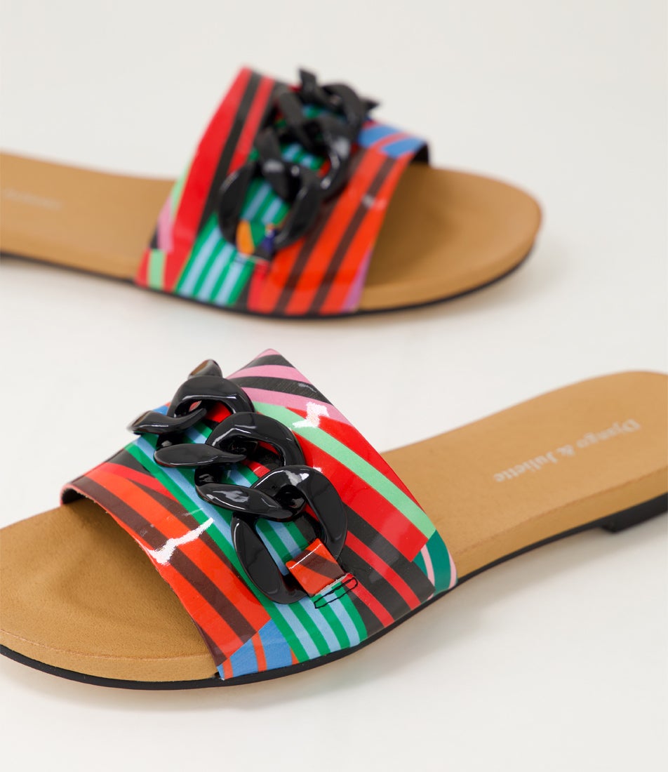 Jacacias Black Stripe Multi Patent Leather Slides