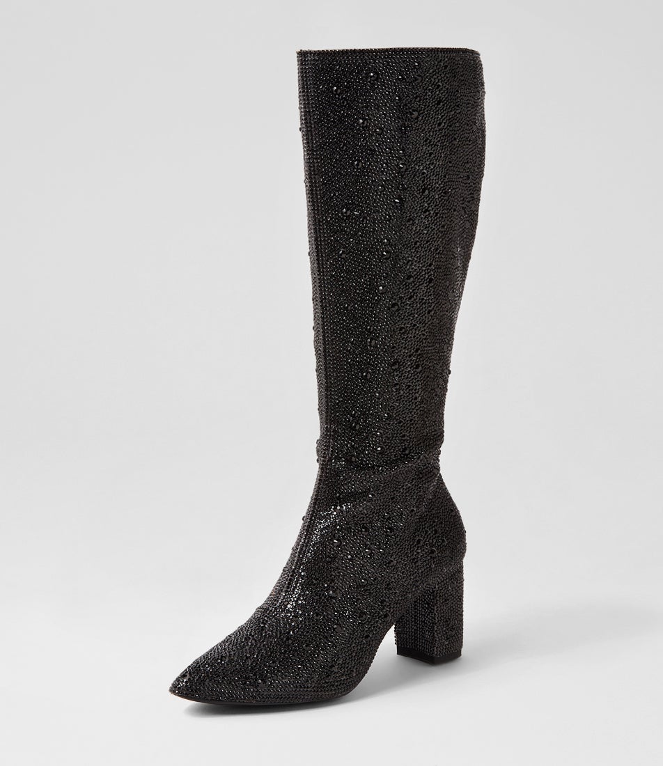 Gorjay Black Jewel Fabric Knee High Boots