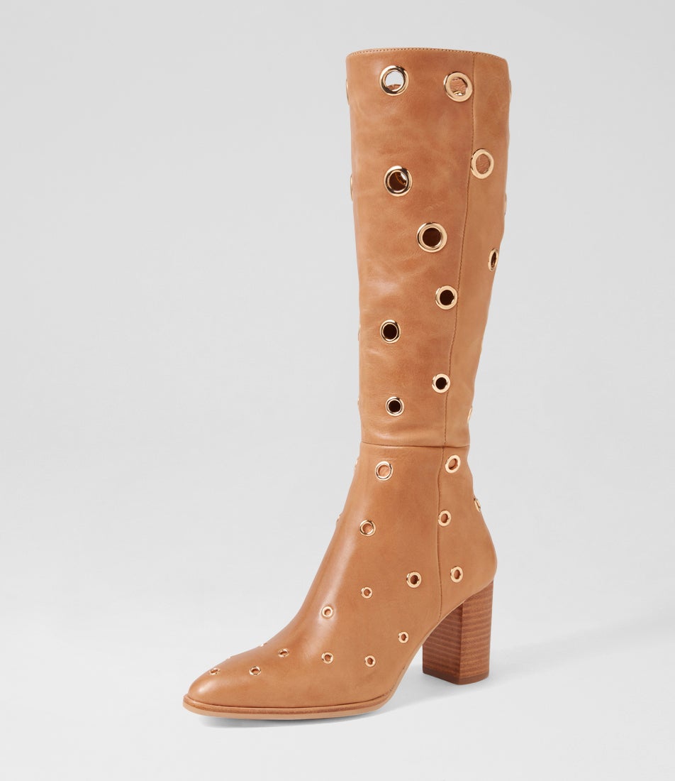 Akhila Tan Leather Knee High Boots