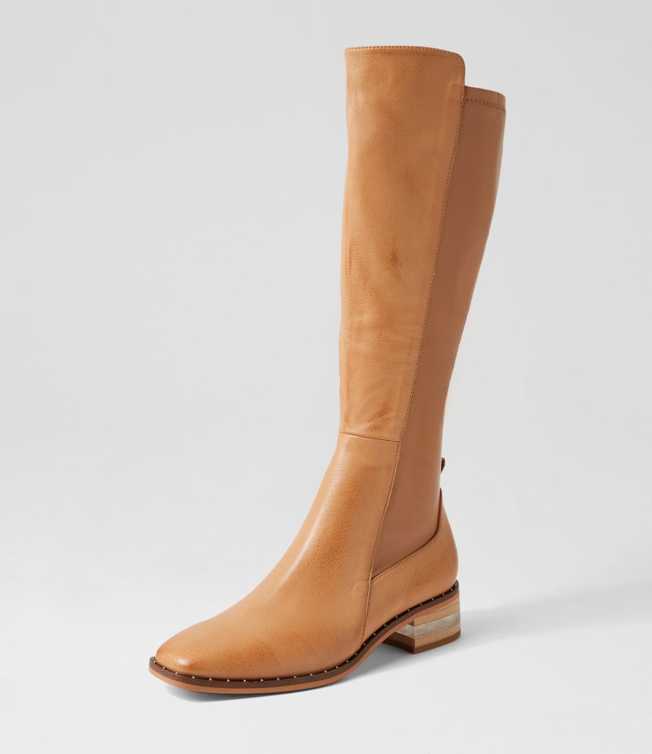 Folmy Dark Tan Leather Stretch Knee High Boots