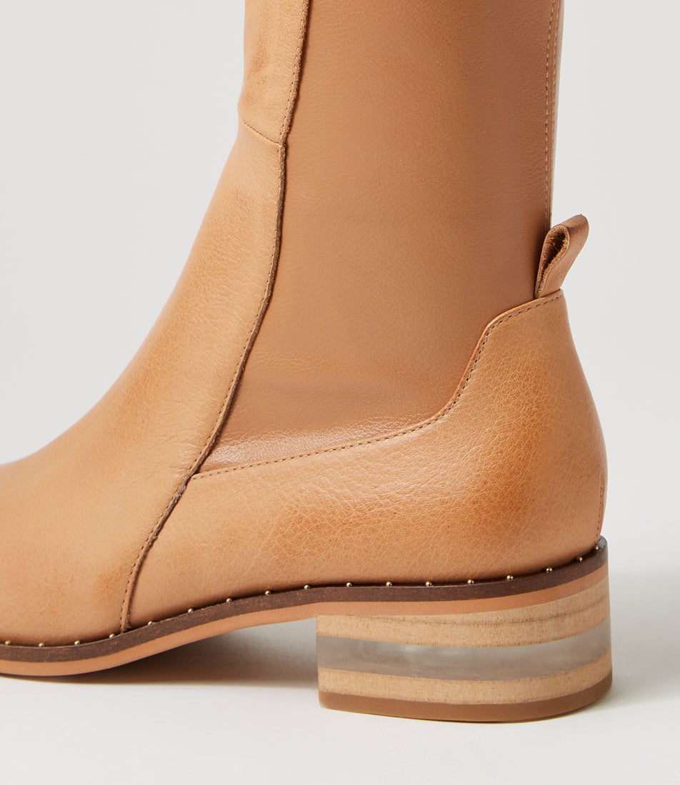 Folmy Dark Tan Leather Stretch Knee High Boots