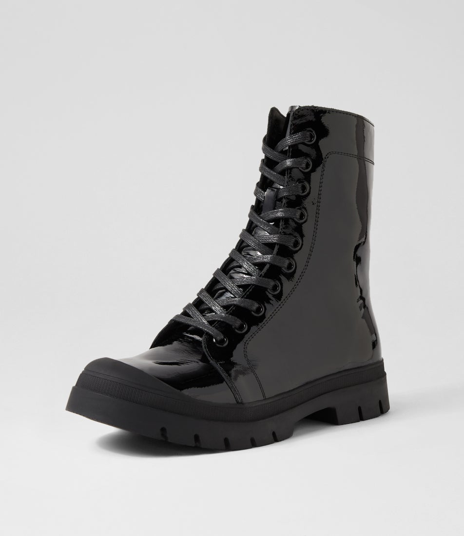 Siron Black Patent Leather Lace Up Boots