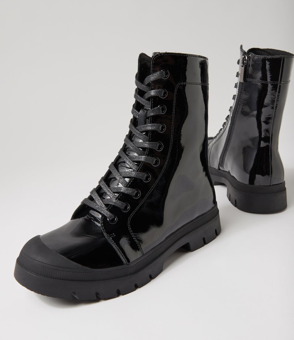 Siron Black Patent Leather Lace Up Boots