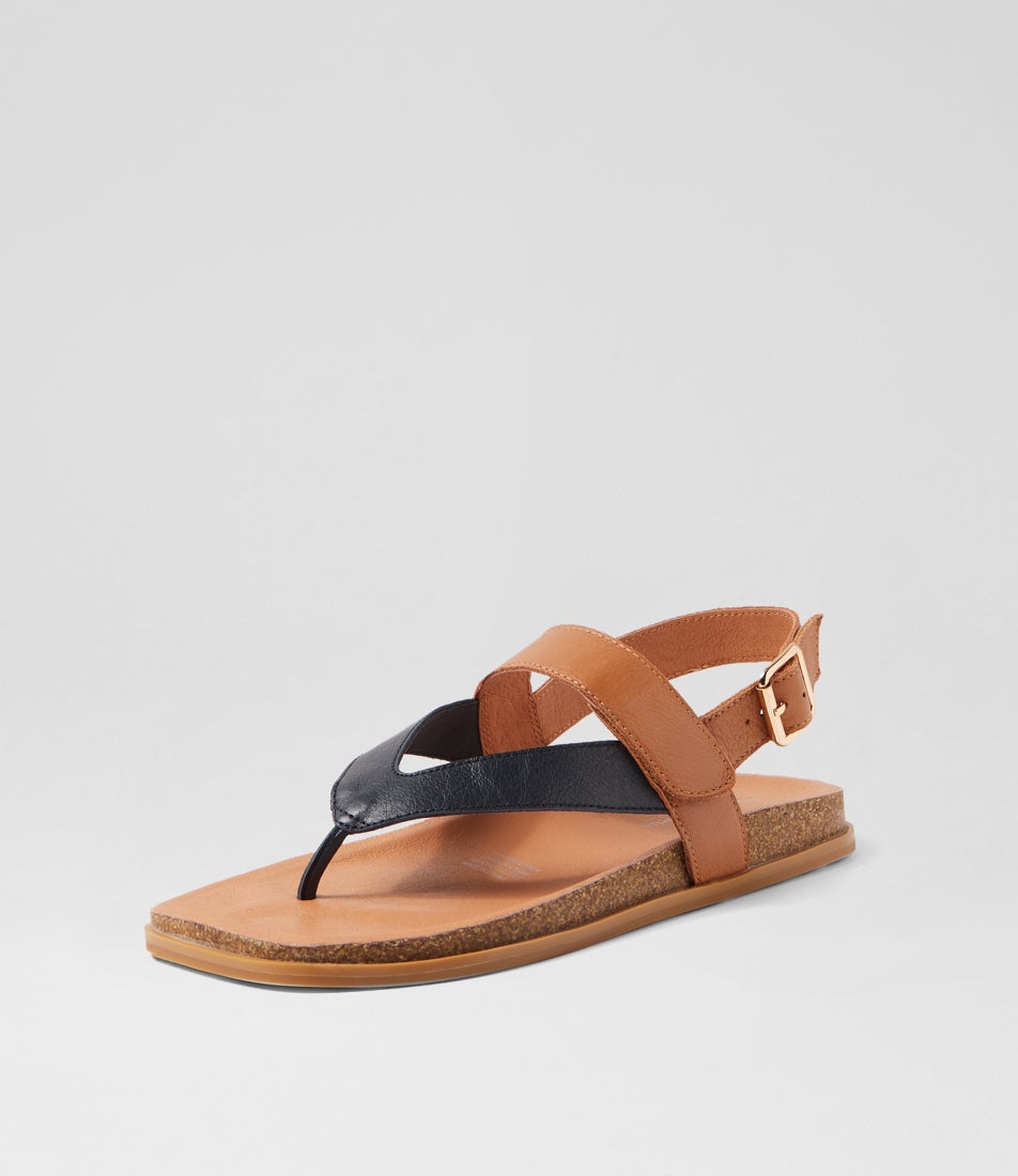 Noo Navy Dark Tan Leather Thongs