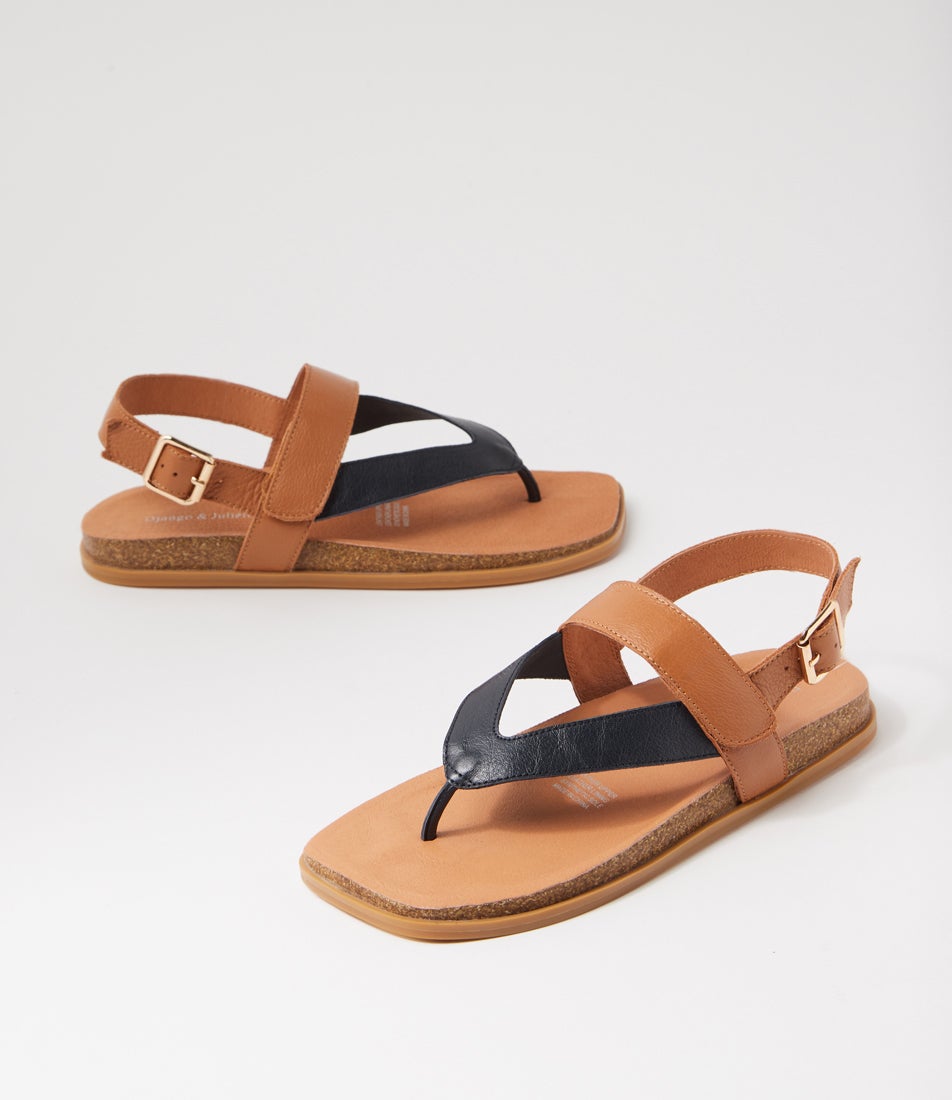 Noo Navy Dark Tan Leather Thongs