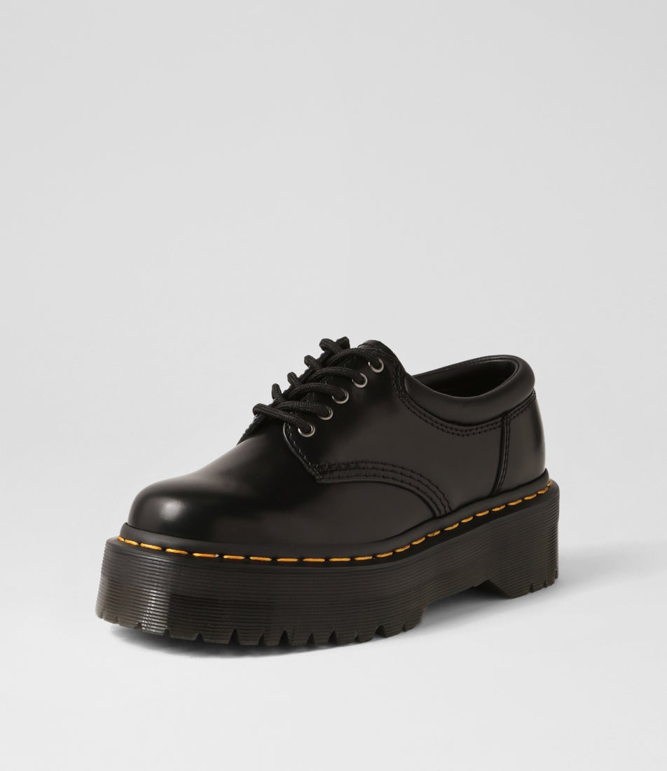 8053 Quad Black Polished Leather Lace Up Flats