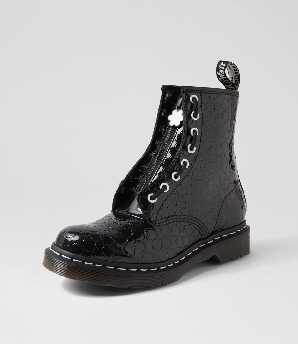 1460 Jungle 8 Eye Black Flower Embossed Patent Leather Boots