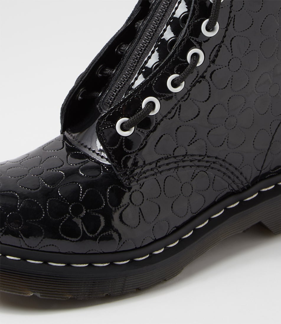 1460 Jungle 8 Eye Black Flower Embossed Patent Leather Boots