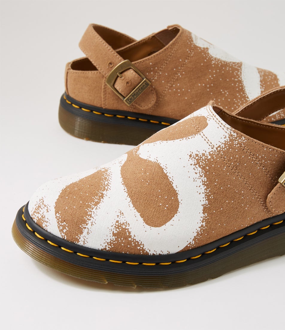 Isham Buckle Natural Floral Canvas Mules