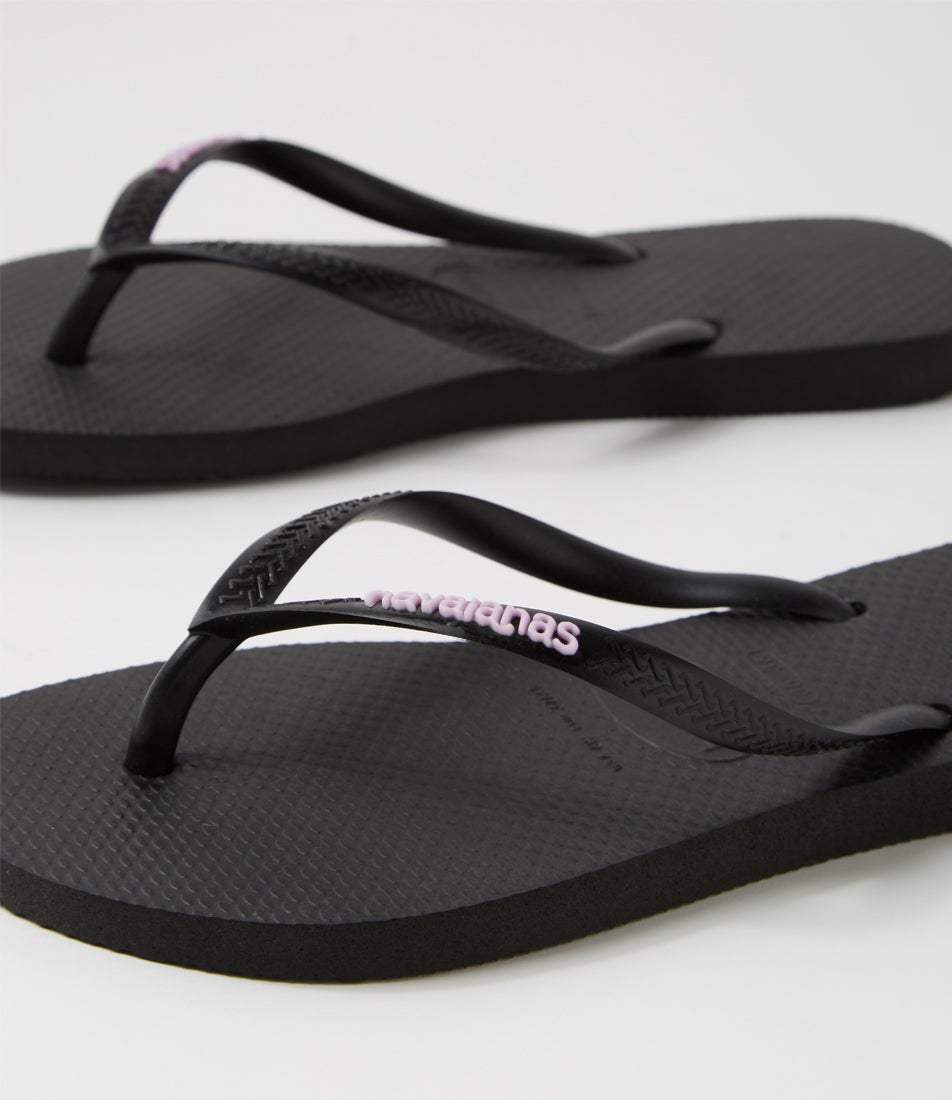 Slim Rubber Logo Black Lilac Rubber Thongs