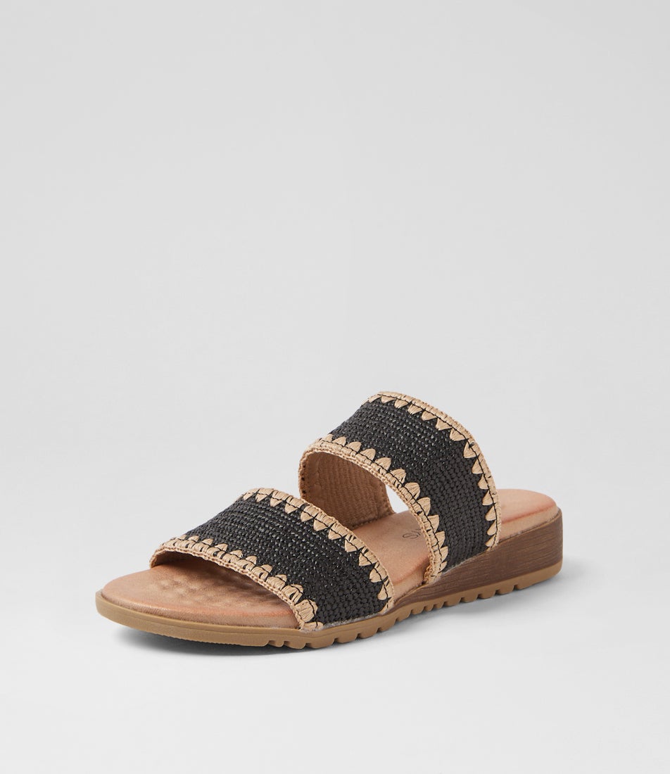 Gister Black Beige Raffia Slides