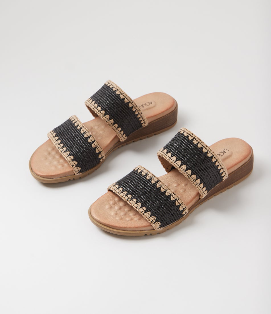 Gister Black Beige Raffia Slides