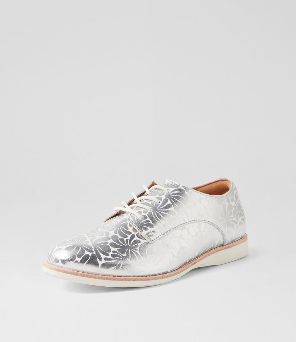 Derby Print X Silver Flower Leather Lace Up Flats