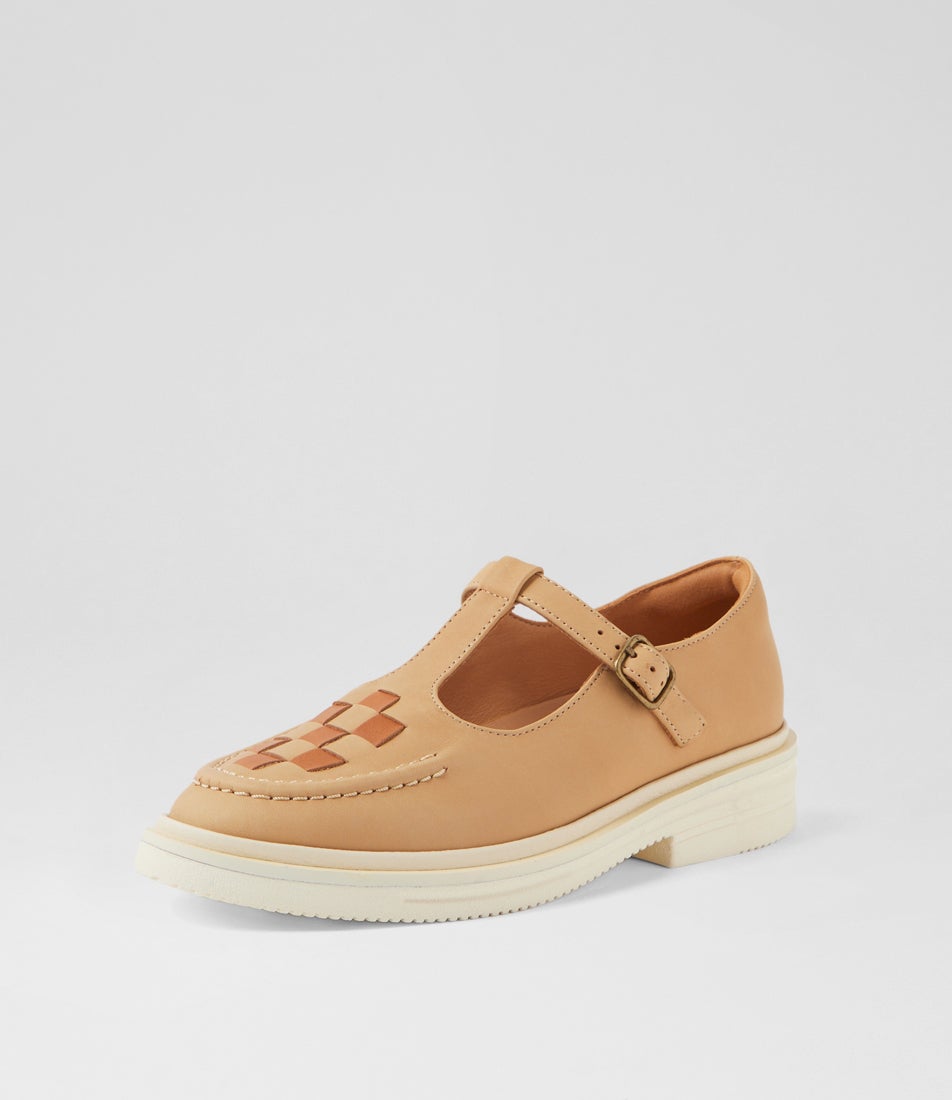 T Bar Rise Soft Tan Leather Flat Shoes