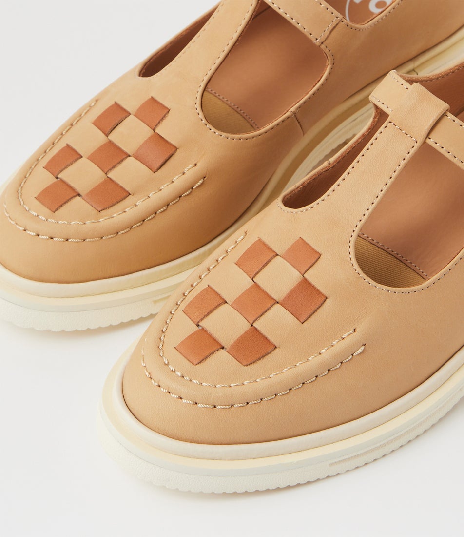 T Bar Rise Soft Tan Leather Flat Shoes