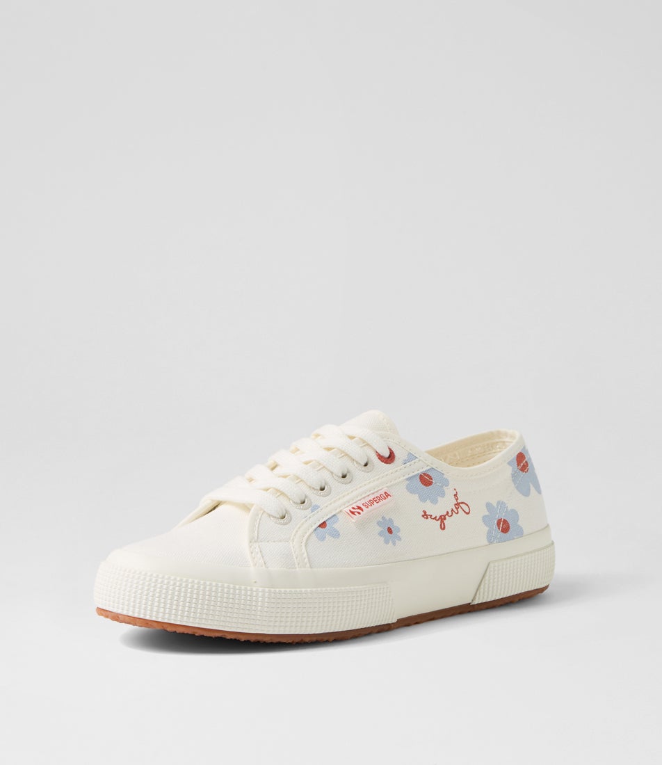 2750 Daisy Print White Azure Red Daisies Canvas Lace Up Flats