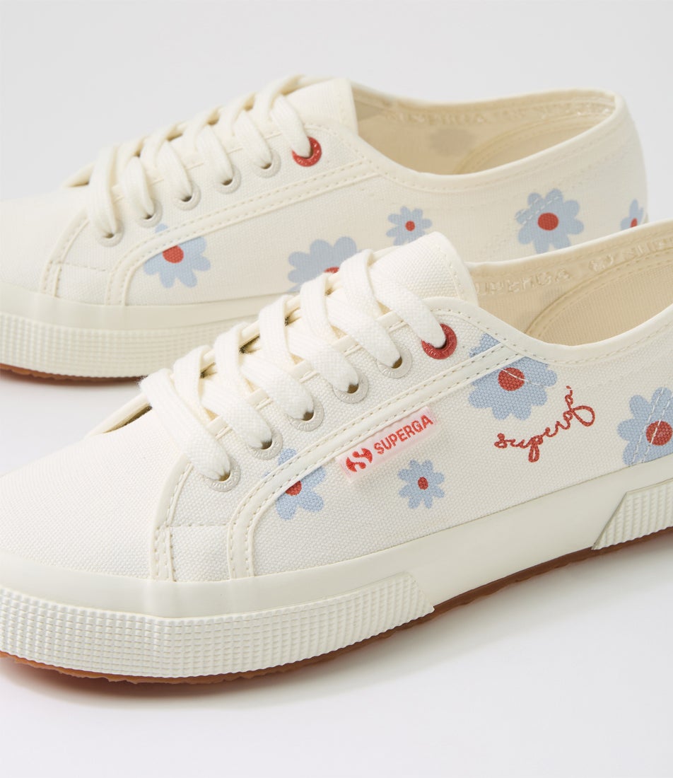 2750 Daisy Print White Azure Red Daisies Canvas Lace Up Flats