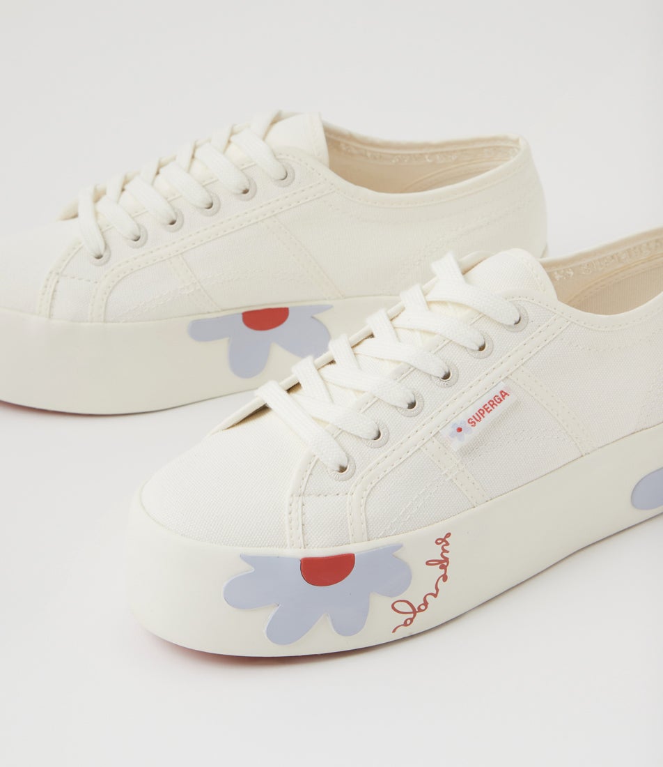 2790 Rubber Daisy White Azure Red Daisies Canvas Lace Up Flats 2790 Rubber Daisy White Azure Red Daisies Canvas Lace Up Flats