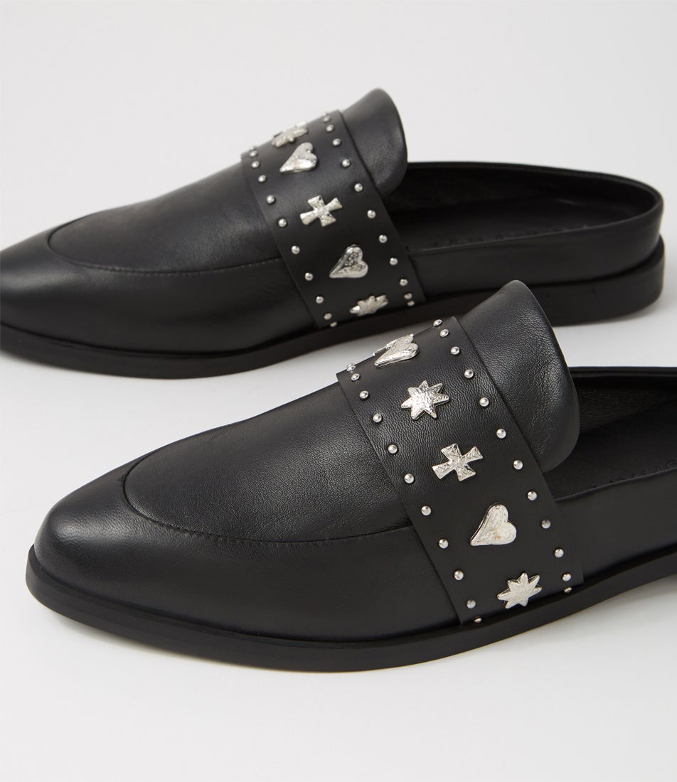 Tuesday Black Silver Leather Mules
