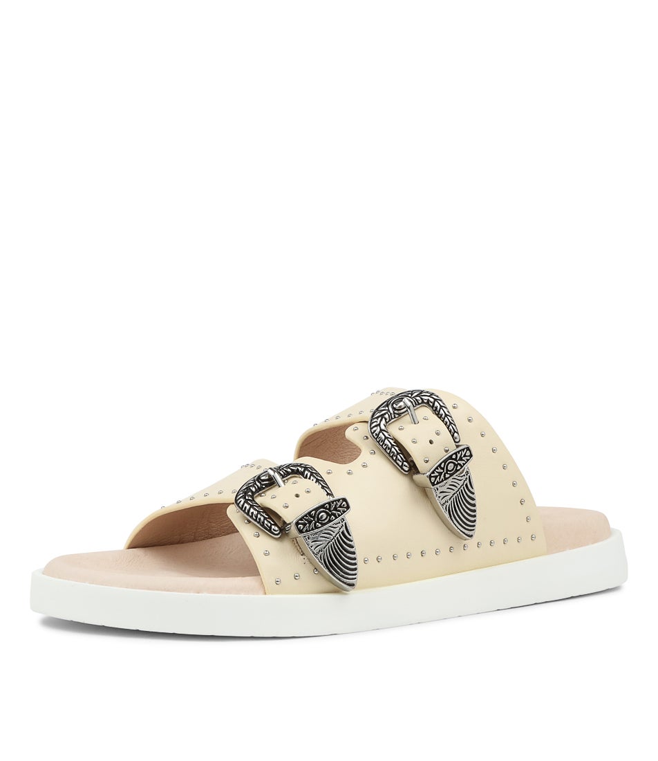Eastwood Stud Footbed Off White Leather Slides