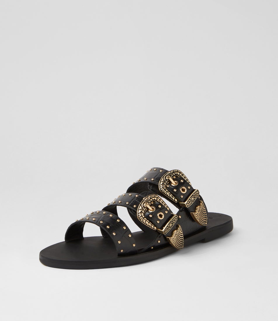 Eastwood Stud Black Croc Gold Leather Slides
