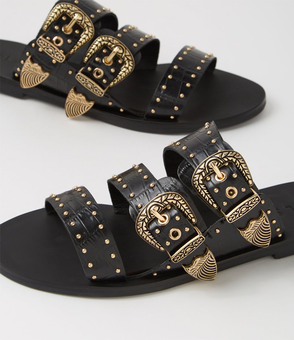 Eastwood Stud Black Croc Gold Leather Slides