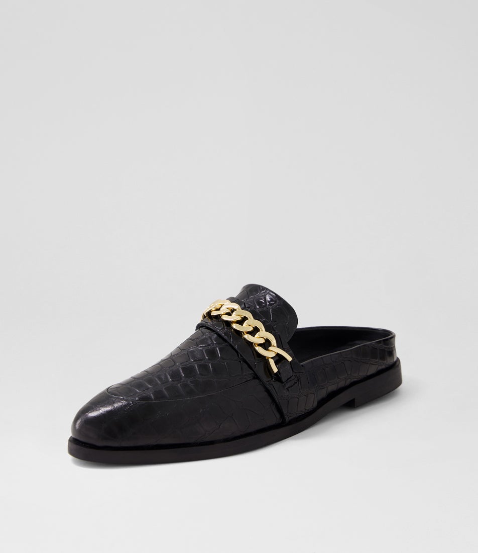 Tuesday Chain Black Croc Gold Leather Flat Shoes