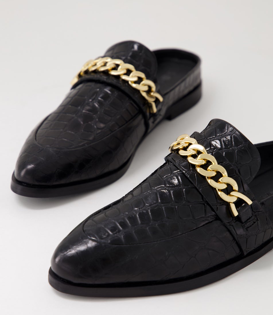 Tuesday Chain Black Croc Gold Leather Flat Shoes