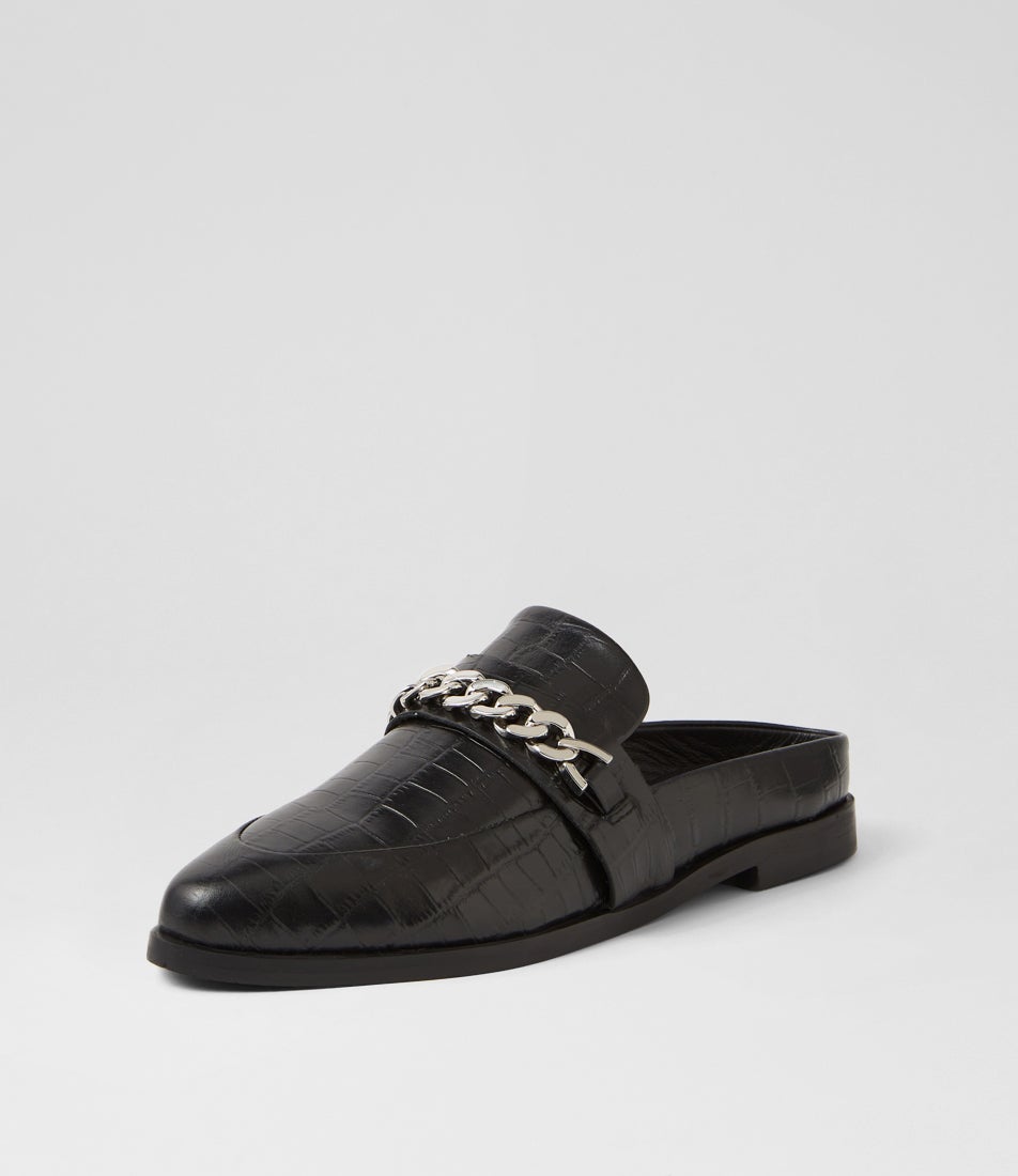 Tuesday Chain Black Croc Silver Leather Flat Shoes