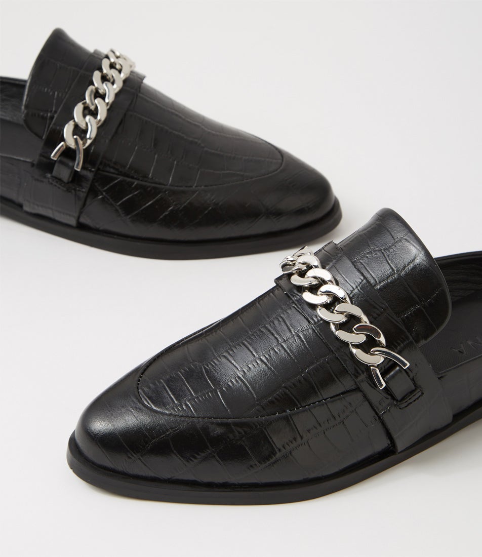 Tuesday Chain Black Croc Silver Leather Flat Shoes