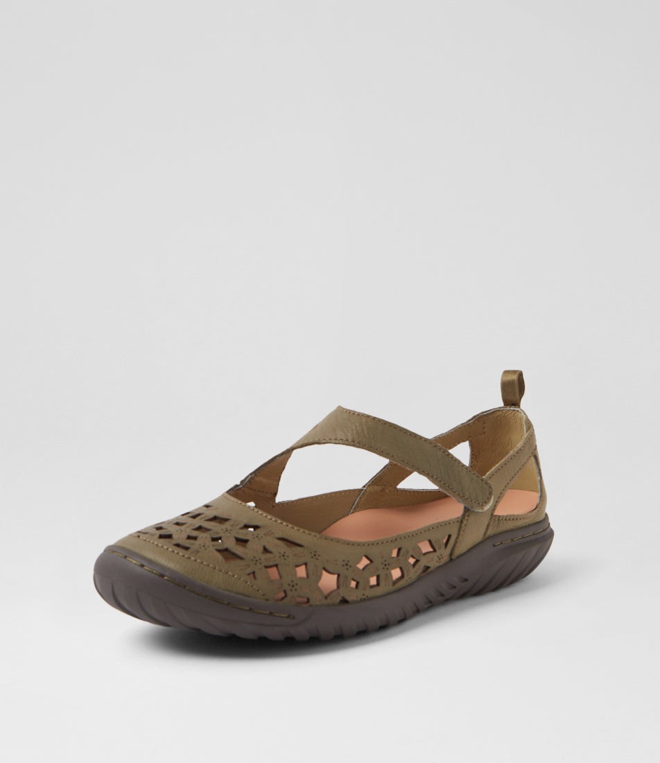 Teasi Khaki Dark Brown Leather Flat Shoes