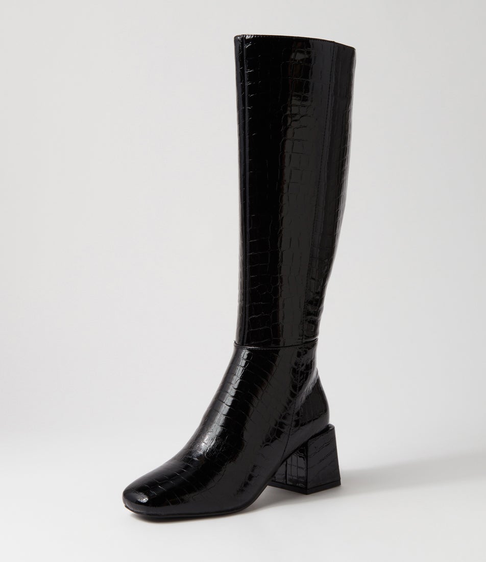 Wolf Black Croc Embossed Knee High Boots