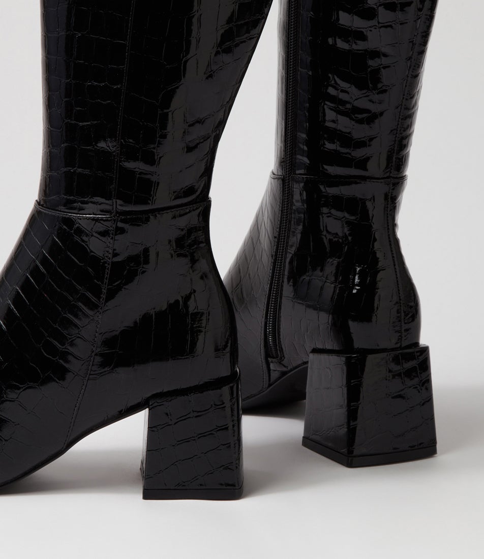 Wolf Black Croc Embossed Knee High Boots