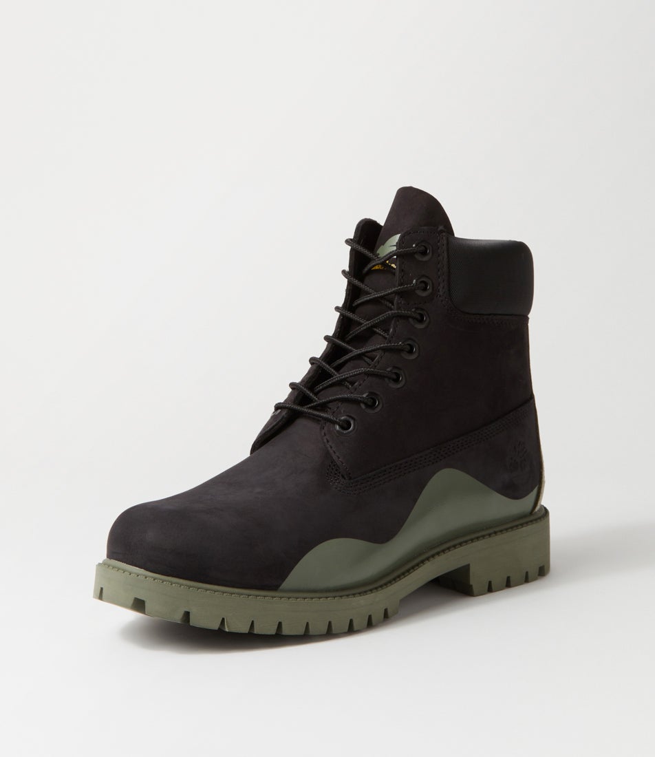 Premium Rubber Black Green Nubuck Lace Up Boots