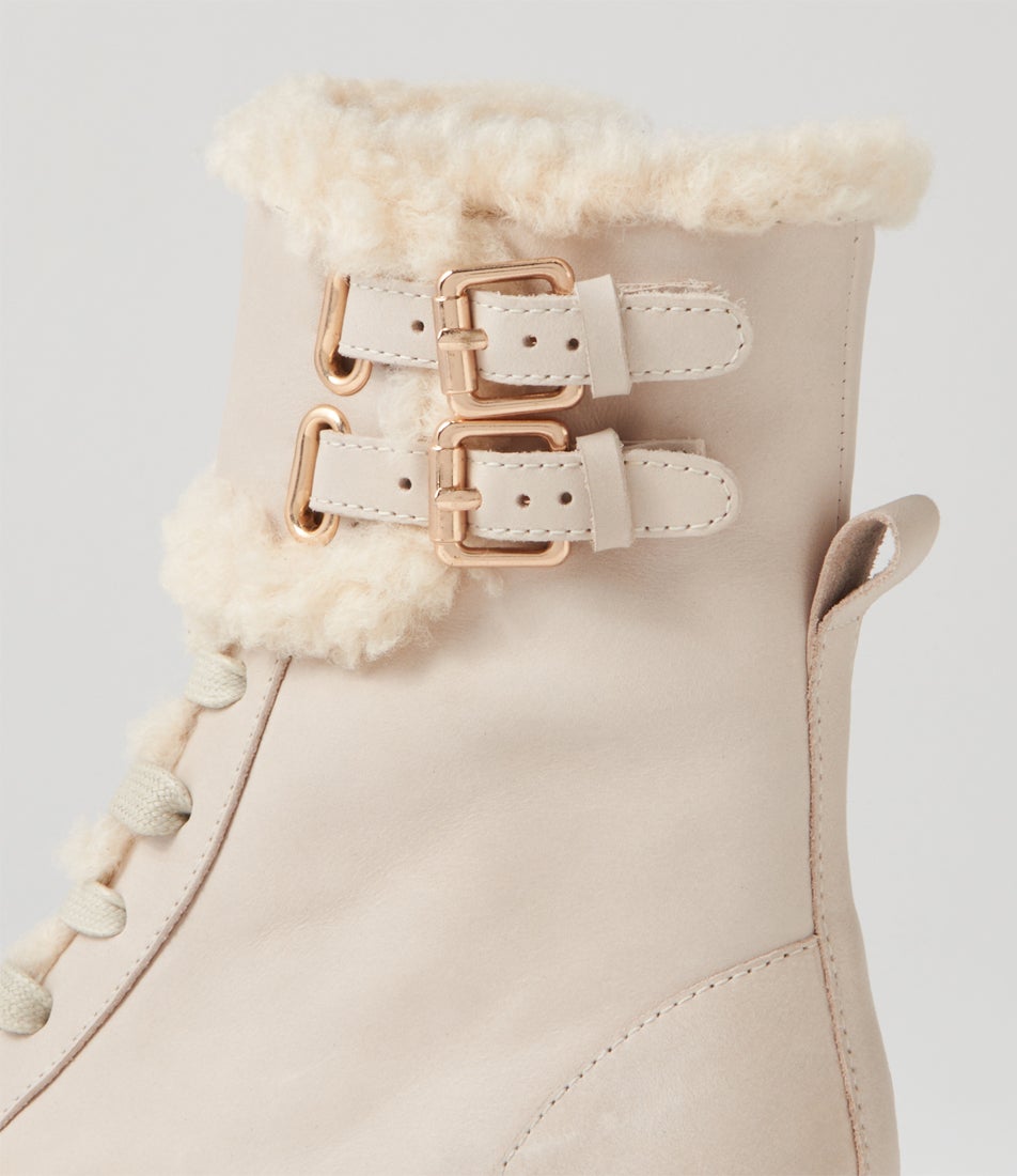 Jenifa Almond Off White Leather Fur Lace Up Boots