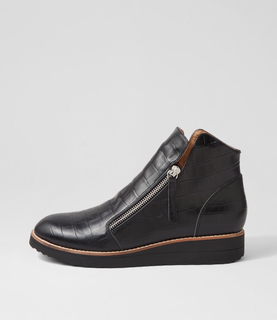 Ohmyes Black Croc Leather Ankle Boots