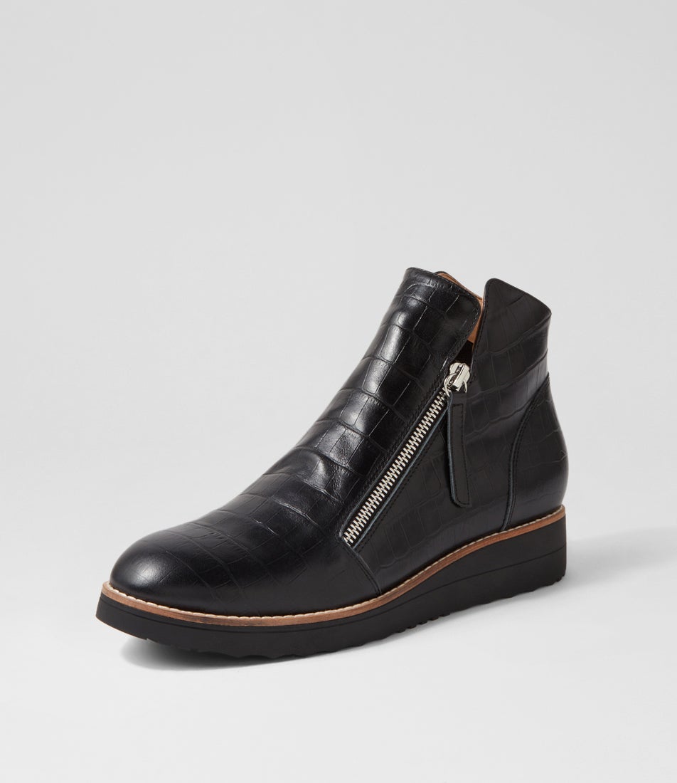Ohmyes Black Croc Leather Ankle Boots