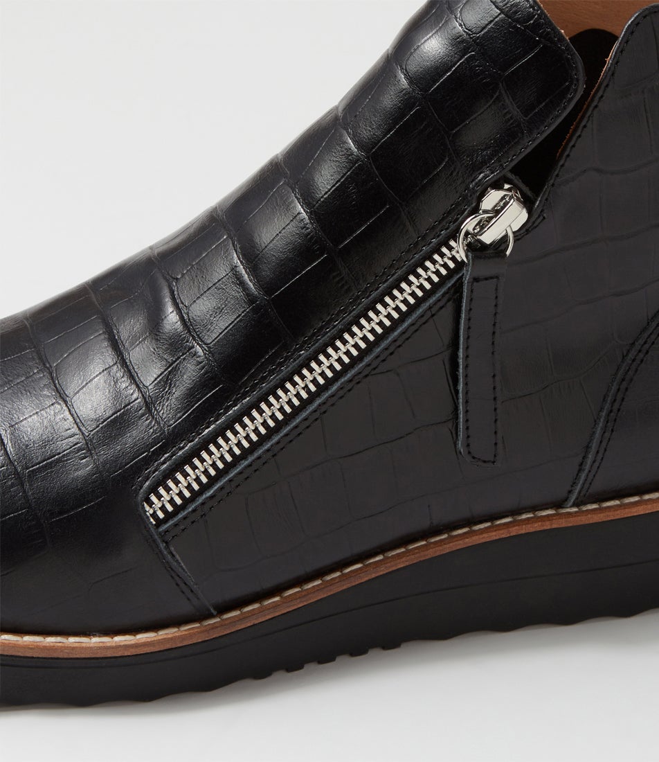Ohmyes Black Croc Leather Ankle Boots