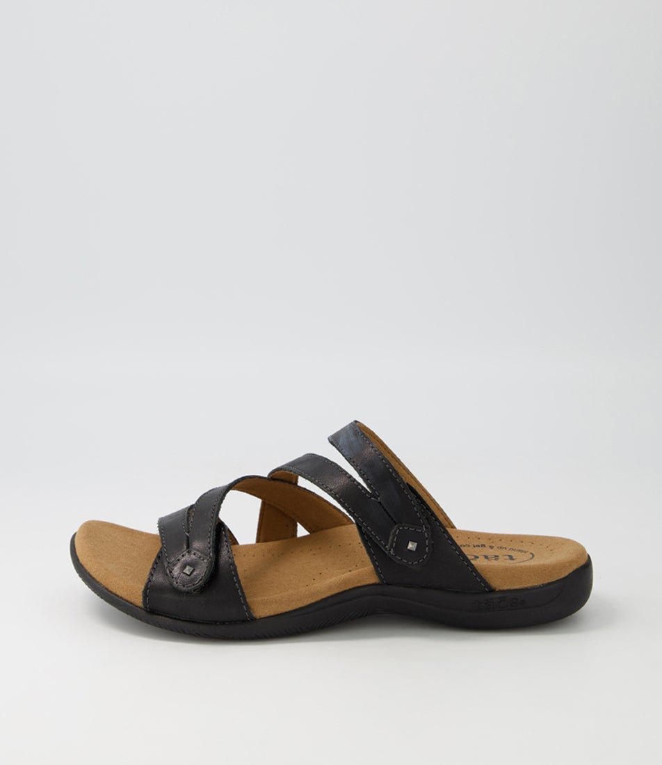 Double U Black Leather Slides